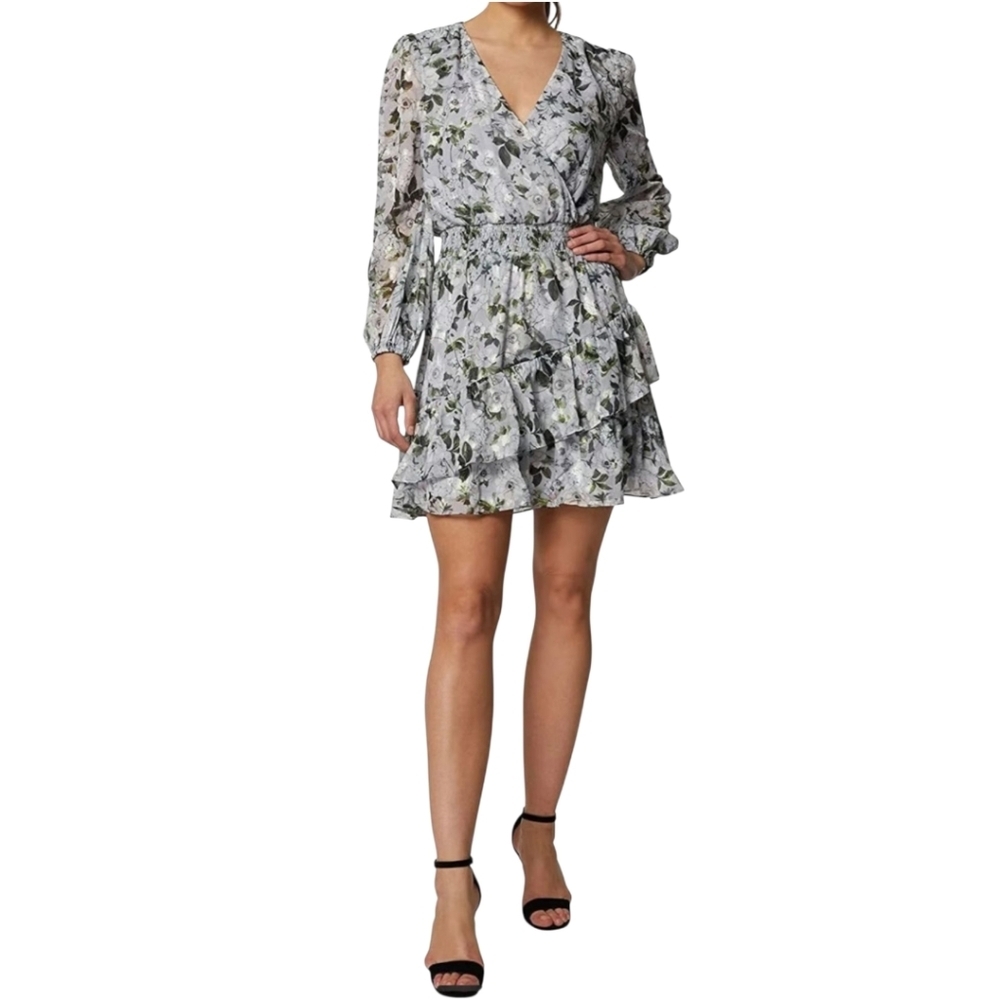 Laundry Gray Metallic Floral Faux Wrap Dress Size 6